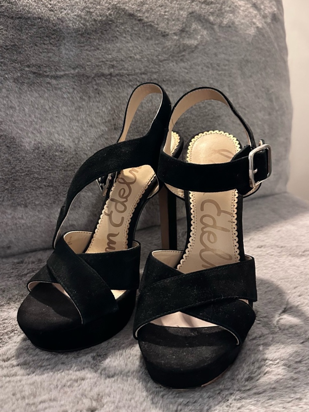 Sam Edelman Black Suede Cross-Strap Platform Heels